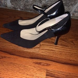 Black Suade Pumps with Ankle Strap